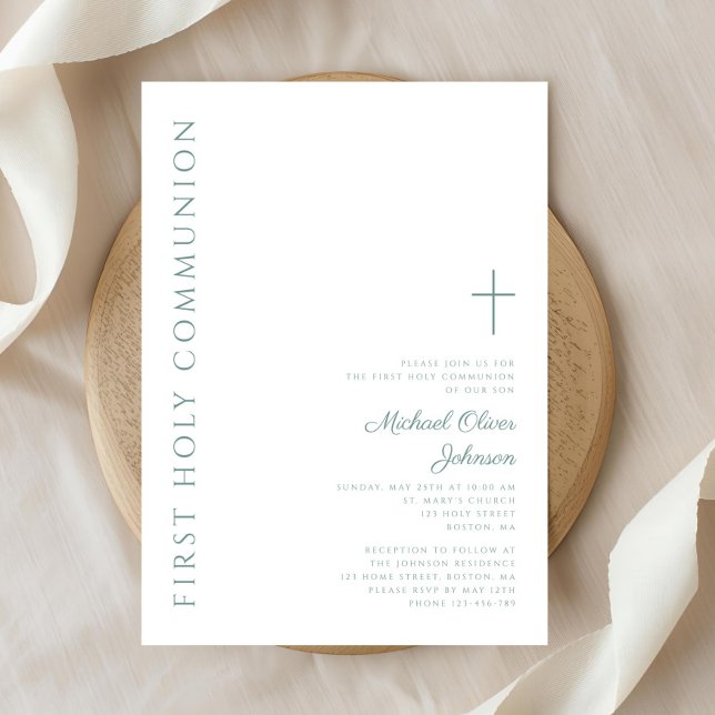 Modern Elegant Green Cross First Holy Communion Invitation (Modern Elegant Green Cross First Holy Communion Invitation)