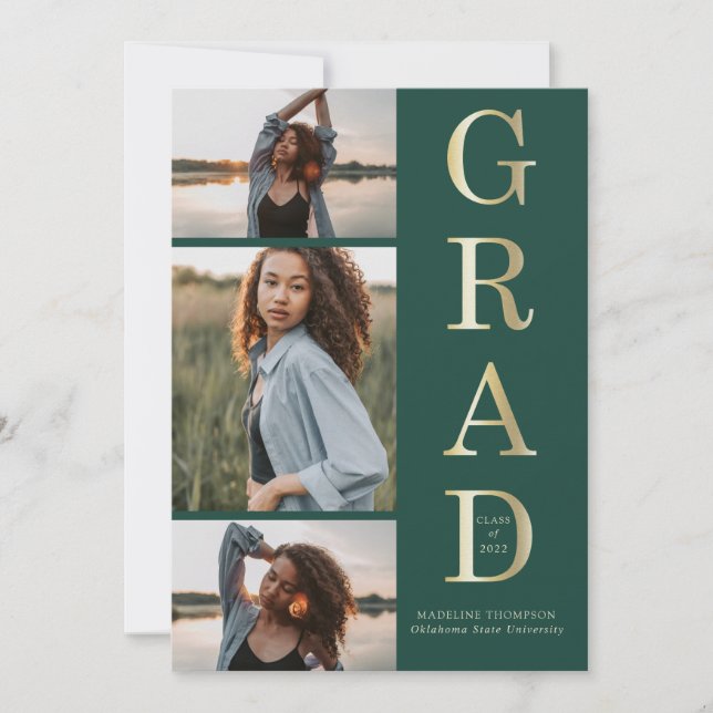 Modern Elegant Green Gold 3 Photo Graduation Invitation (Front)