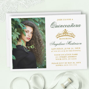 Modern Elegant Green Gold Crown Photo Quinceanera Invitation