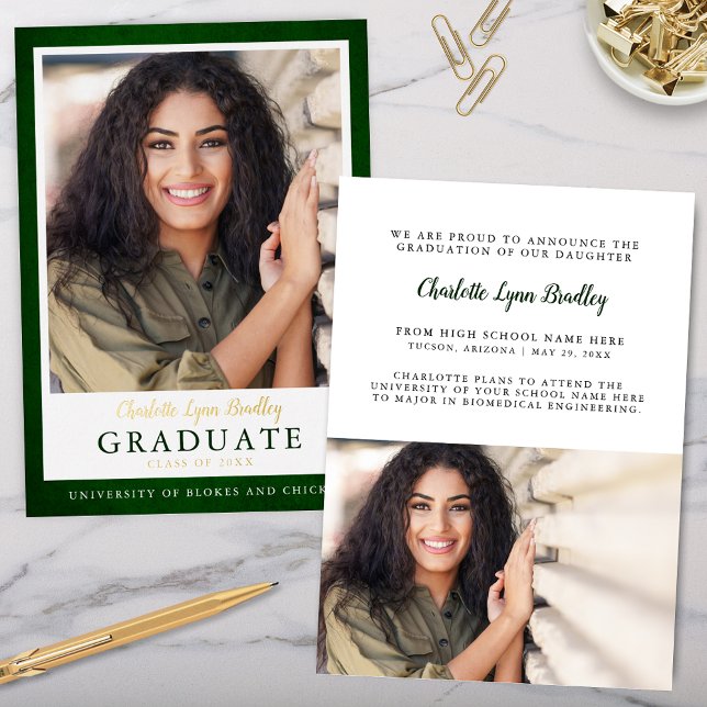 Modern Elegant Green Gold Graduation Announcement (Elegant green and gold graduation announcement with space for 2 photos)