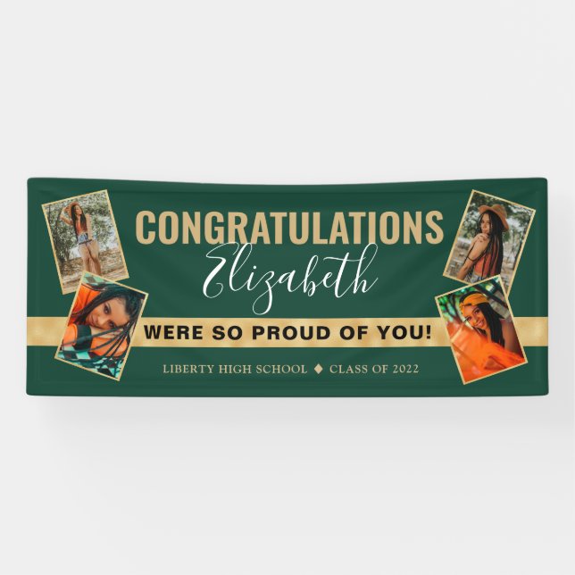 Modern Elegant Green Gold Photo Collage Graduation Banner (Horizontal)