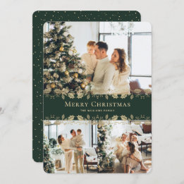 Modern Elegant Green Gold Photo Merry Christmas Holiday Card