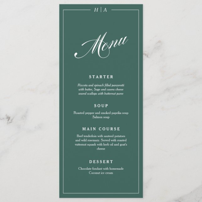 Modern Elegant Green Handwriting Wedding Dinner  Menu (Front)
