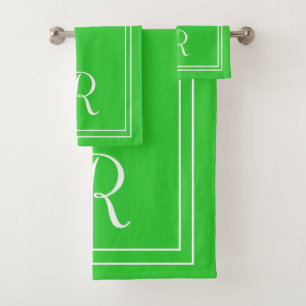 Modern Elegant Green Lime & White Monogram Bath Towel Set