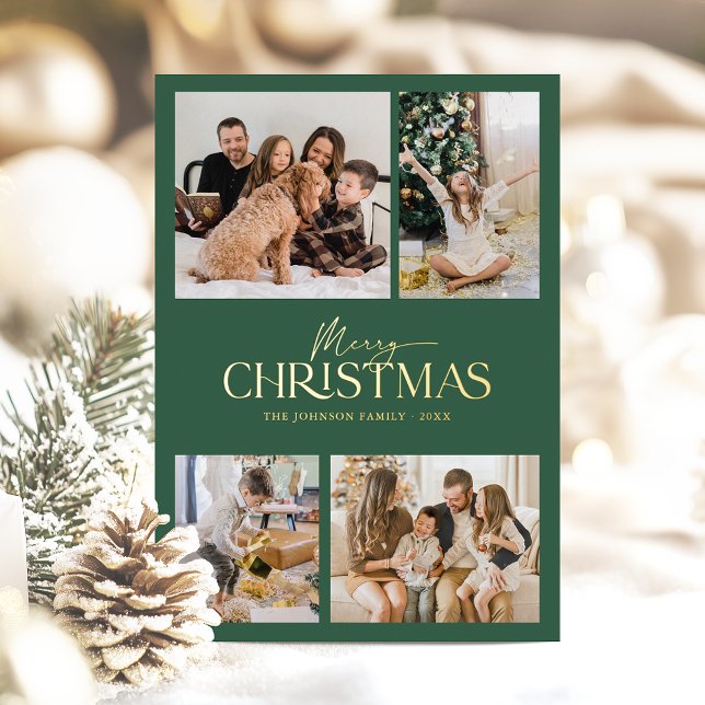 Modern Elegant Green Merry Christmas Family Photo  (Tastefully modern Merry Christmas photo card with gold foil for an elegant look this Christmas)