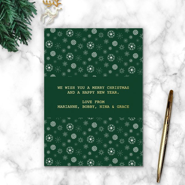 Modern Elegant Green Merry Christmas Snowflake  (Green & Gold Family Christmas Card)