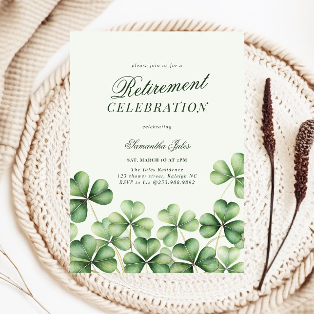 Modern Elegant Green Shamrock Retirement Party Invitation (Creator Uploaded)