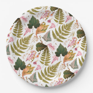Modern elegant green spring leaves and flowers paper plate