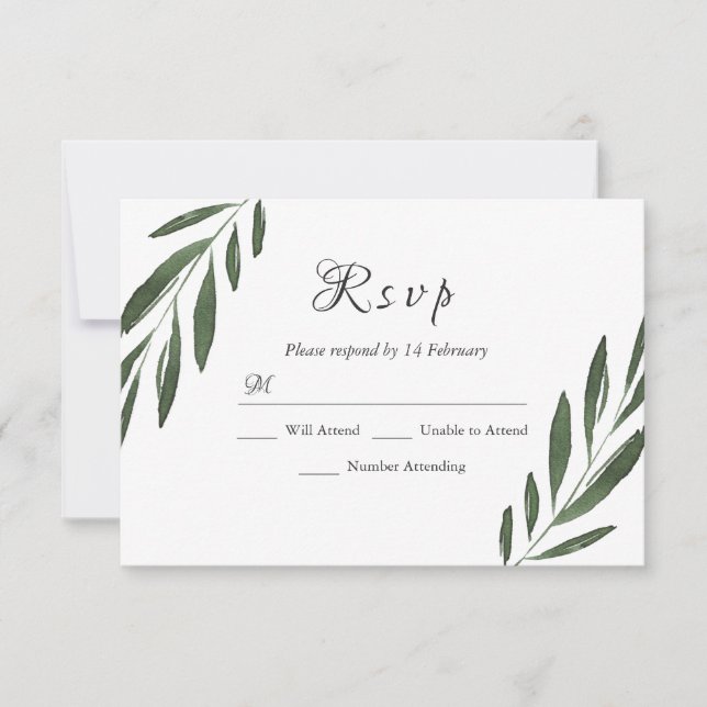 Modern Elegant Green Watercolor Leaf Wedding RSVP Card (Front)