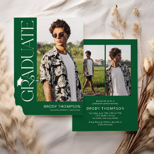 Modern Elegant Green & White 3 Photo Graduation Invitation
