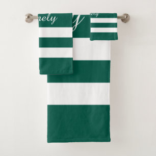 Modern Elegant Green White Stripes Pattern Name Bath Towel Set