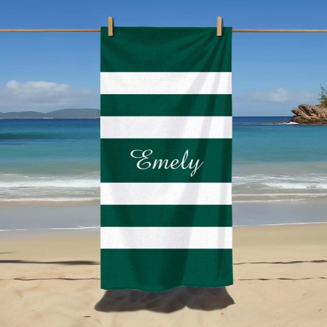 Modern Elegant Green White Stripes Pattern Name Beach Towel (Modern Elegant Green Stripes Pattern Name Beach Towel)