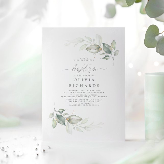 Modern Elegant Greenery Baptism Invitation (Minimalist Greenery Elegant Baptism Invitations)