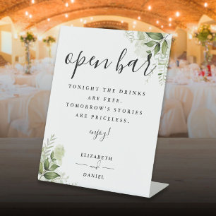 Modern Elegant Greenery Floral Open Bar Pedestal Sign