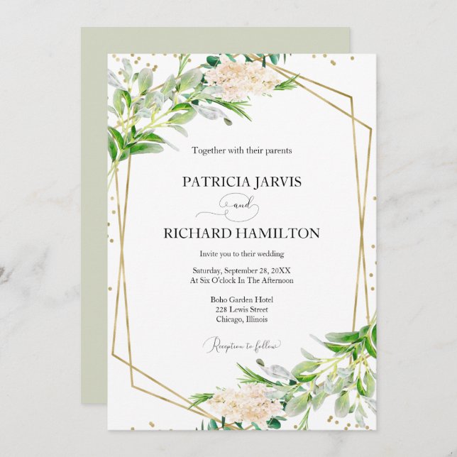 Modern Elegant Greenery Geometric Wedding Invitation (Front/Back)