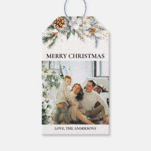 Modern Elegant Greenery & Photo Black Christmas Gift Tags