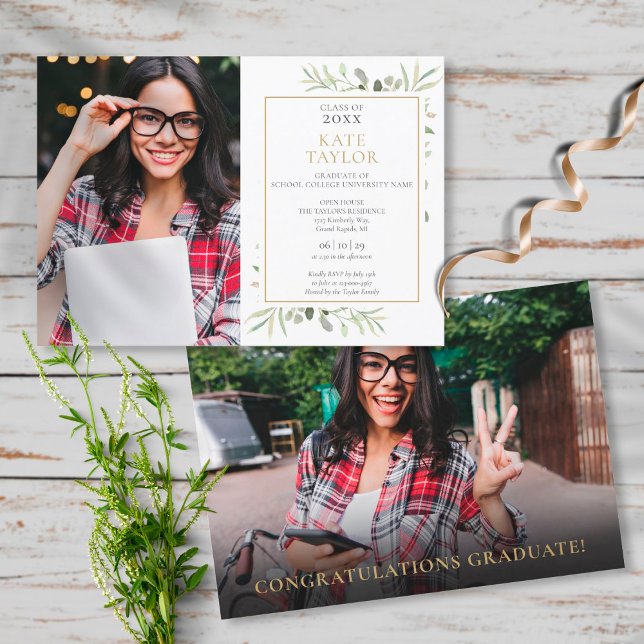 Modern Elegant Greenery Photo Graduation  Invitation (Creator Uploaded)