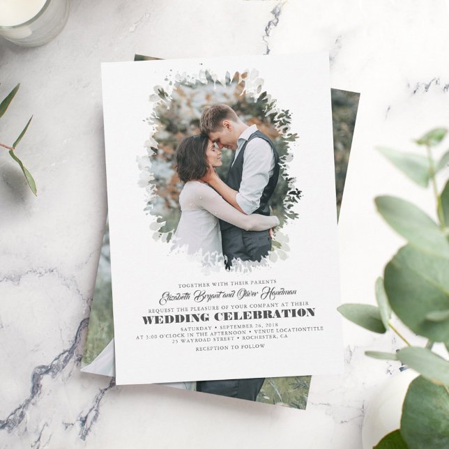 Modern Elegant Greenery Photo Overlay Wedding Invitation (Creator Uploaded)