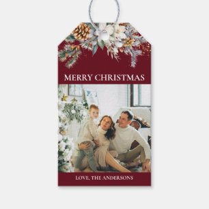 Modern Elegant Greenery & Photo Red Christmas Gift Tags