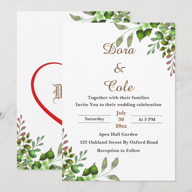 Modern Elegant Greenery Watercolor Wedding Invite (Front/Back)
