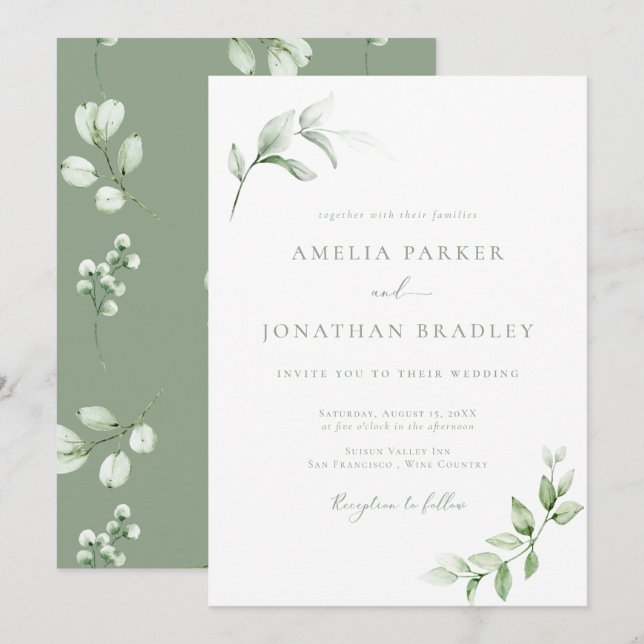 Modern Elegant Greenery Wedding Invitations (Front/Back)