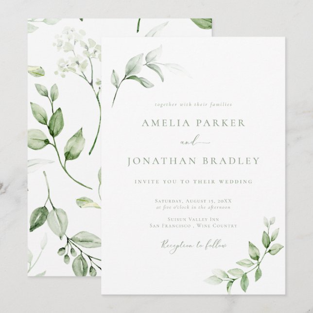 Modern Elegant Greenery Wedding Invitations (Front/Back)