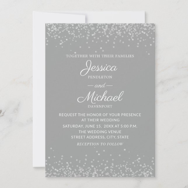 Modern Elegant Grey and Silver Glitter Wedding Invitation (Front)