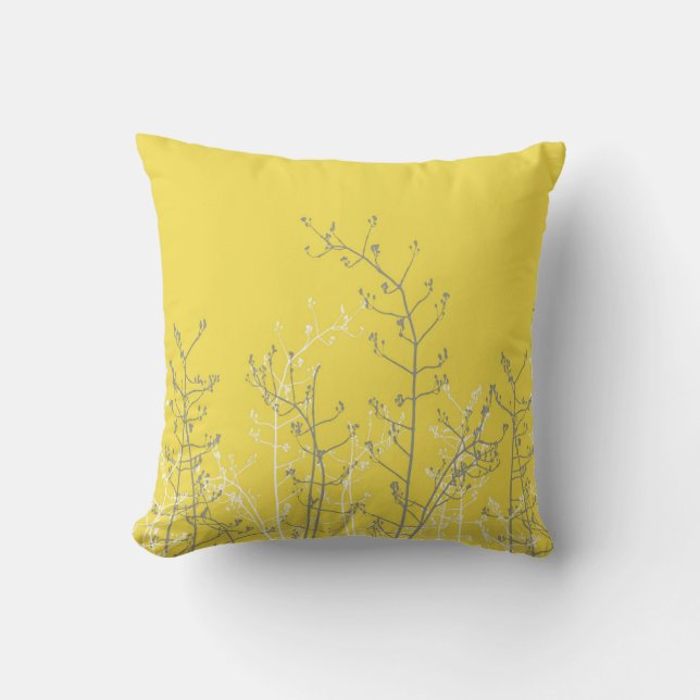 Modern Elegant Grey Flowers on Yellow Cushion (Front)