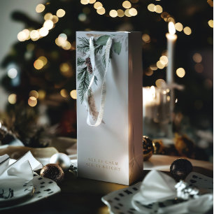 Modern Elegant Grey Merry Christmas Wreath Wine Gift Bag