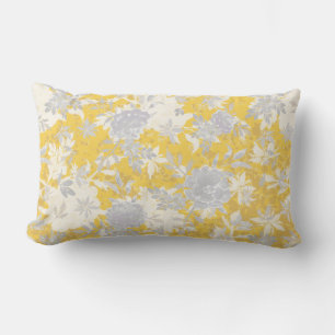 Modern Elegant Grey Mustard Yellow Marigold Floral Lumbar Cushion