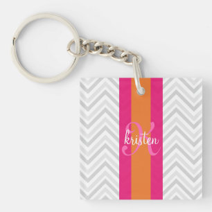 Modern Elegant Grey Pink Chevron Personalised Key Ring