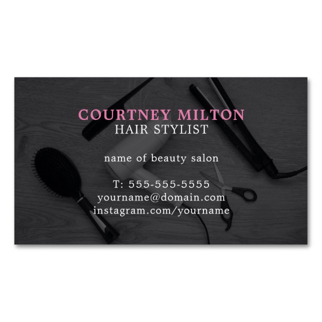 Modern Elegant Grey Pink Hair Stylist Magnetic Business Card (Front)