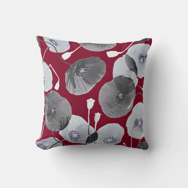 Modern Elegant Grey Poppy Flowers Burgundy Cushion (Front)