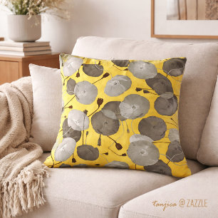 Modern Elegant Grey Poppy Flowers Mustard Yellow Cushion