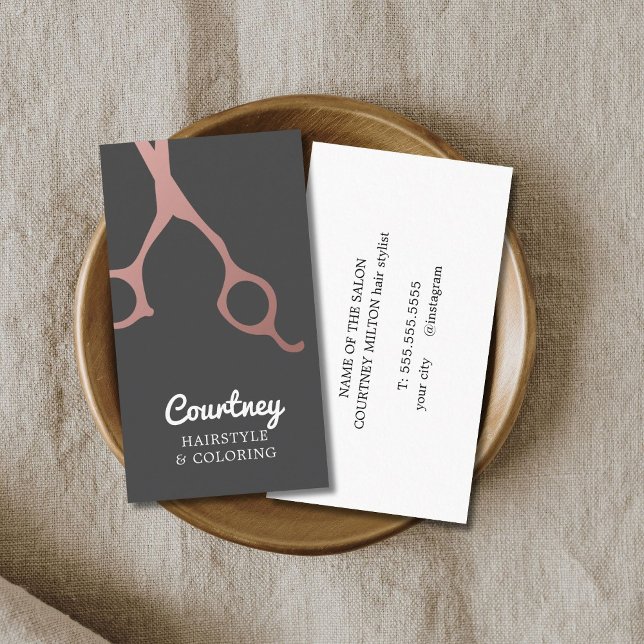 Modern Elegant Grey Rose Gold Scissors HairStylist Business Card (Creator Uploaded)