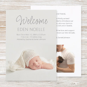 Modern Elegant Grey Script Newborn 2 Photo Birth Announcement