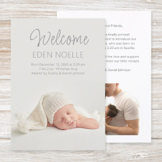 Modern Elegant Grey Script Newborn 2 Photo Birth Announcement