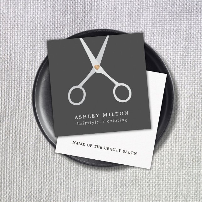 Modern Elegant Grey Silver Scissors Hair Stylist Square Business Card (Creator Uploaded)