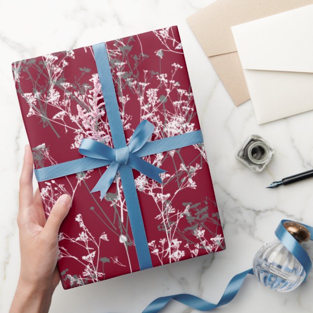 Modern Elegant Grey Wildflowers on Burgundy Red Wrapping Paper (Gifting)