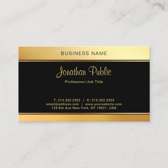 Modern Elegant Handwritten Black Gold Template Business Card (Front)
