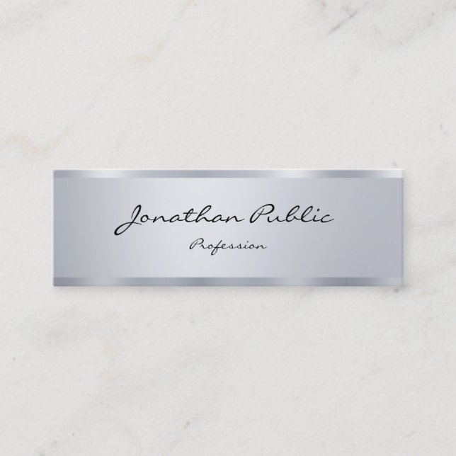 Modern Elegant Handwritten Script Silver Look Mini Business Card (Front)