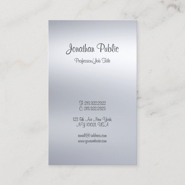 Modern Elegant Handwritten Script Silver Plain Business Card (Front)
