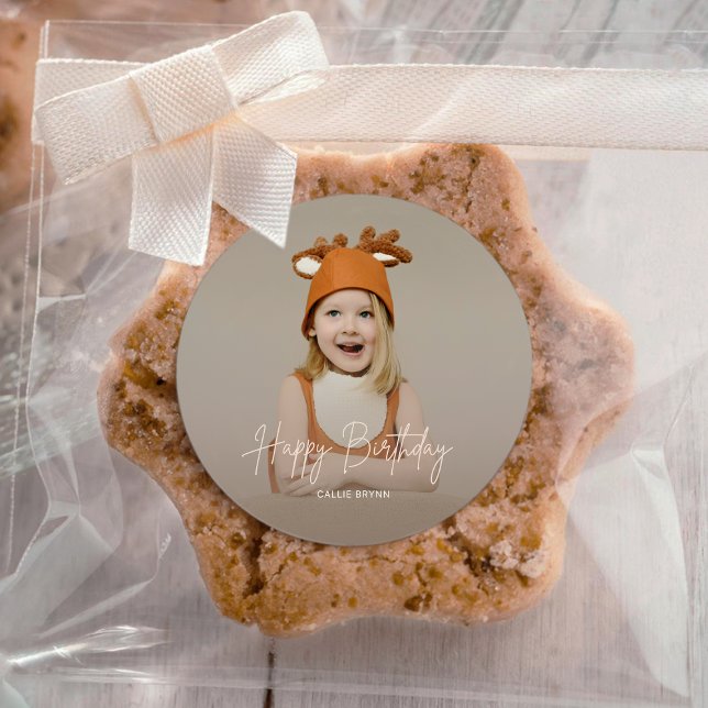 Modern Elegant Happy Birthday Photo Round Sticker (Creator Uploaded)