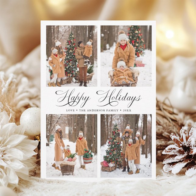 Modern Elegant Happy Holidays 4 Photo Holiday Card (Creator Uploaded)