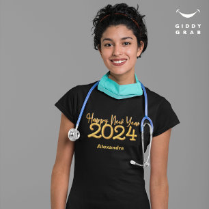 Modern Elegant Happy New Year 2024 Black T-Shirt