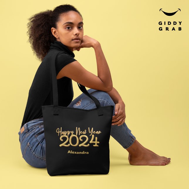 Modern Elegant Happy New Year 2024 Black Tote Bag (Creator Uploaded)