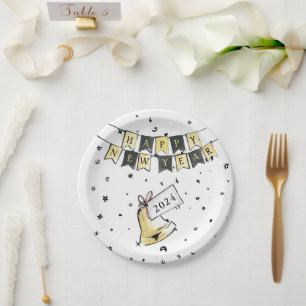 Modern Elegant Happy New Year Black Gold Party Paper Plate