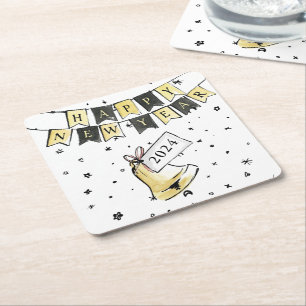 Modern Elegant Happy New Year Black Gold Party Square Paper Coaster