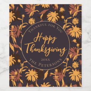 Modern Elegant Happy Thanksgiving Coneflowers Wine Label