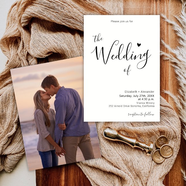 Modern Elegant Heart Calligraphy Photo Wedding  Invitation (Creator Uploaded)